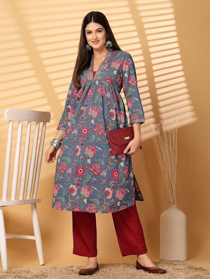 women floral printed v neck kurta pant set - 21532103 -  Standard Image - 1