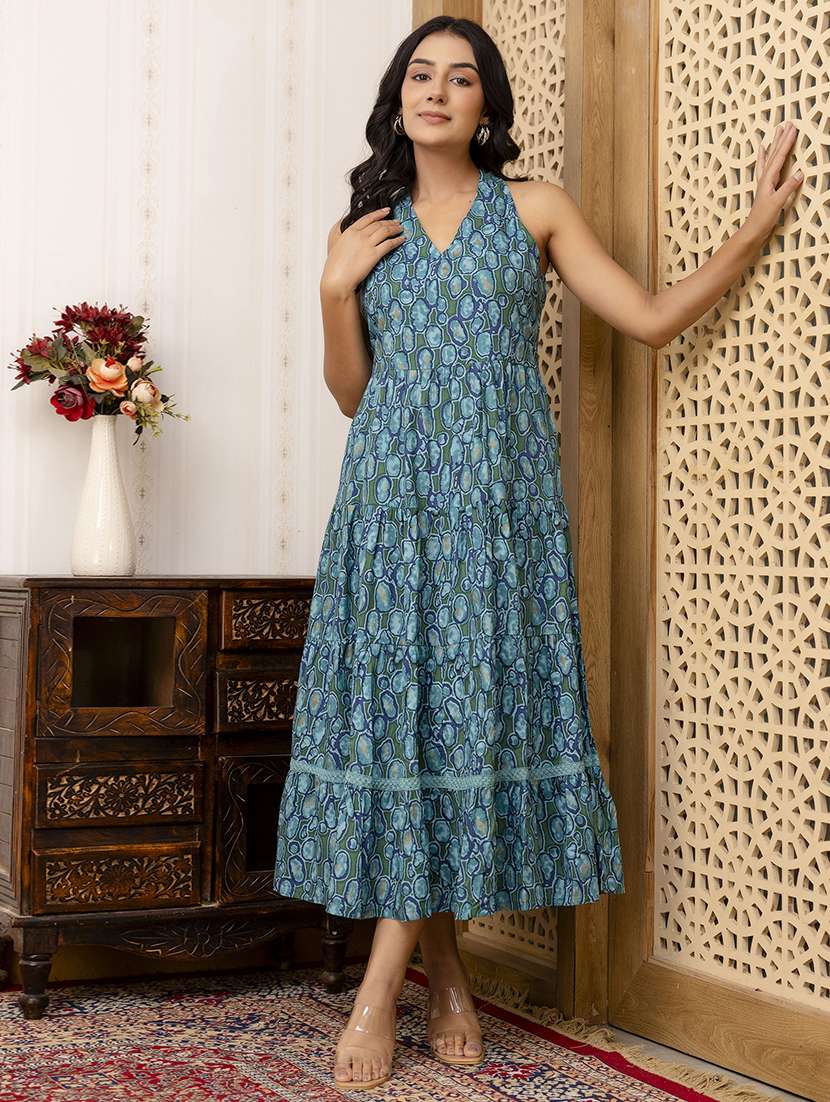 Women Teal Printed V Neck Tiered Dress