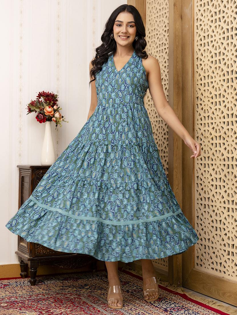 women teal printed v neck tiered dress - 21532107 -  Standard Image - 1