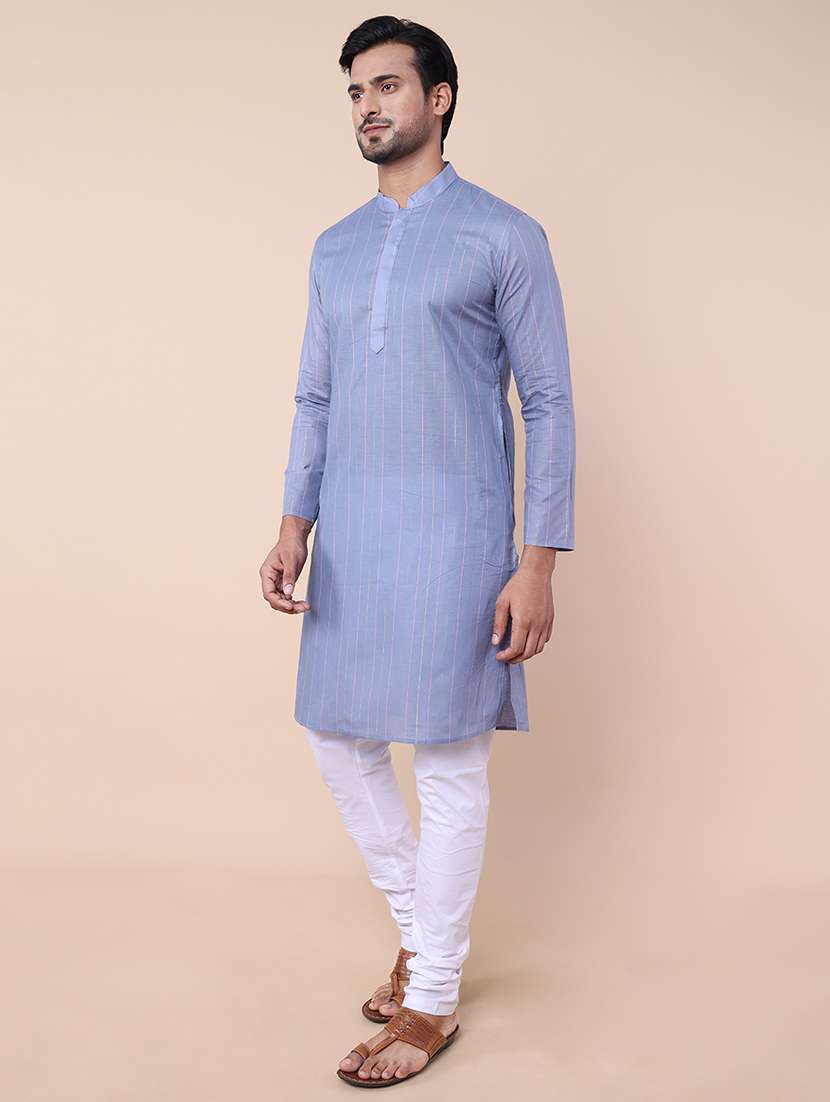 men striped mandarin neck cotton kurta - 21532194 - Standard Image - 1