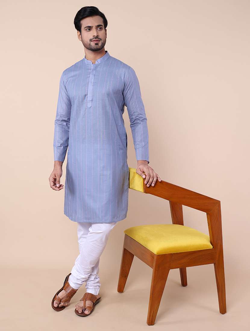 men striped mandarin neck cotton kurta - 21532194 - Standard Image - 4