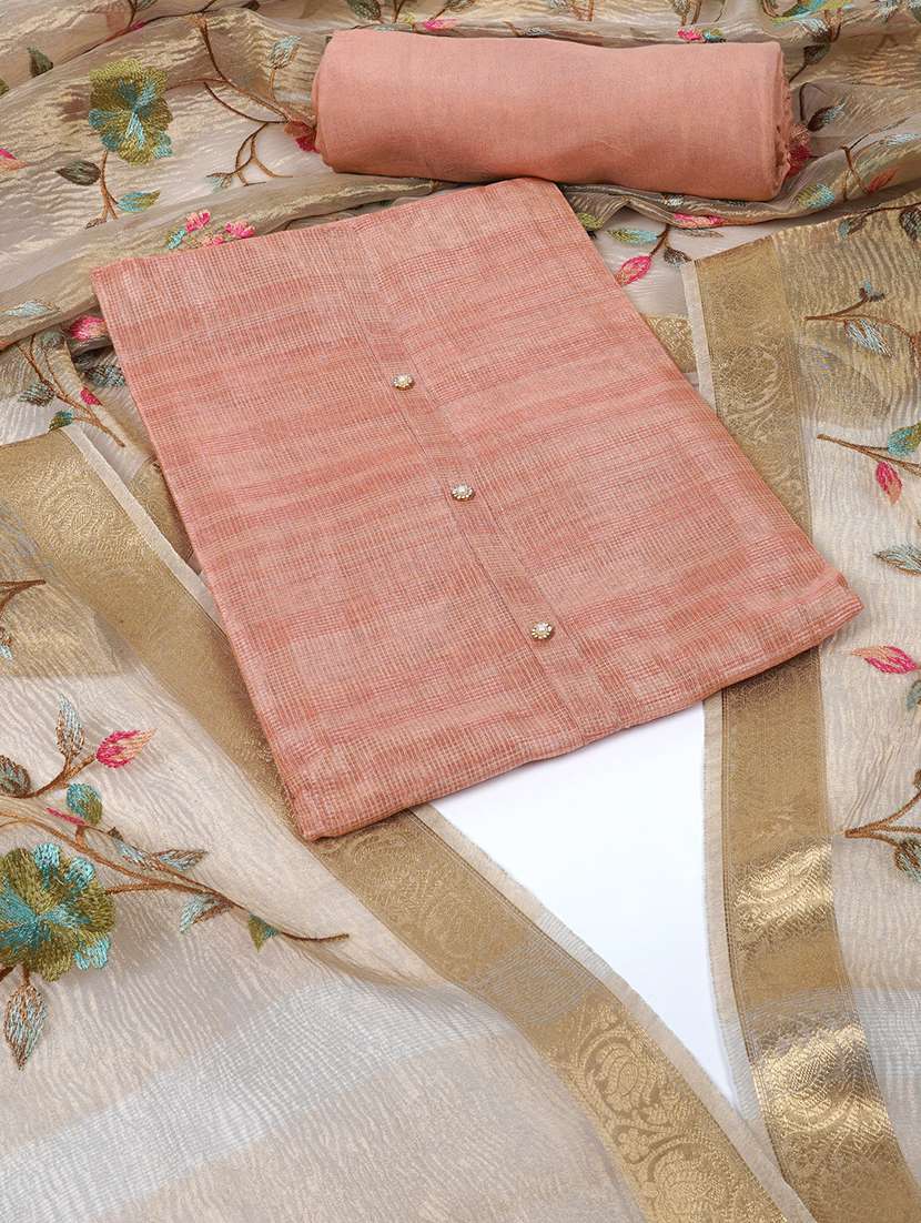 women peach self design unstitched suit set