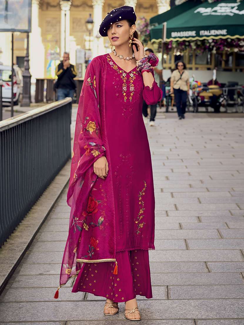 women three quarter sleeve kurta palazzo with dupatta set - 21532269 -  Standard Image - 1