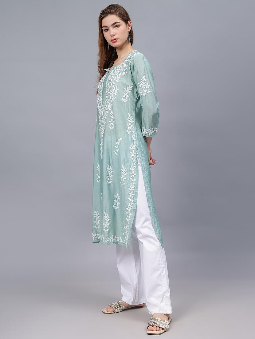 women three quarter sleeves chikankari kurta - 21532287 - Standard Image - 1