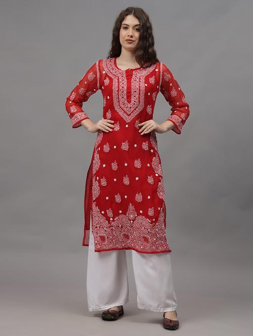 women three quarter sleeves chikankari kurta - 21532299 - Standard Image - 0