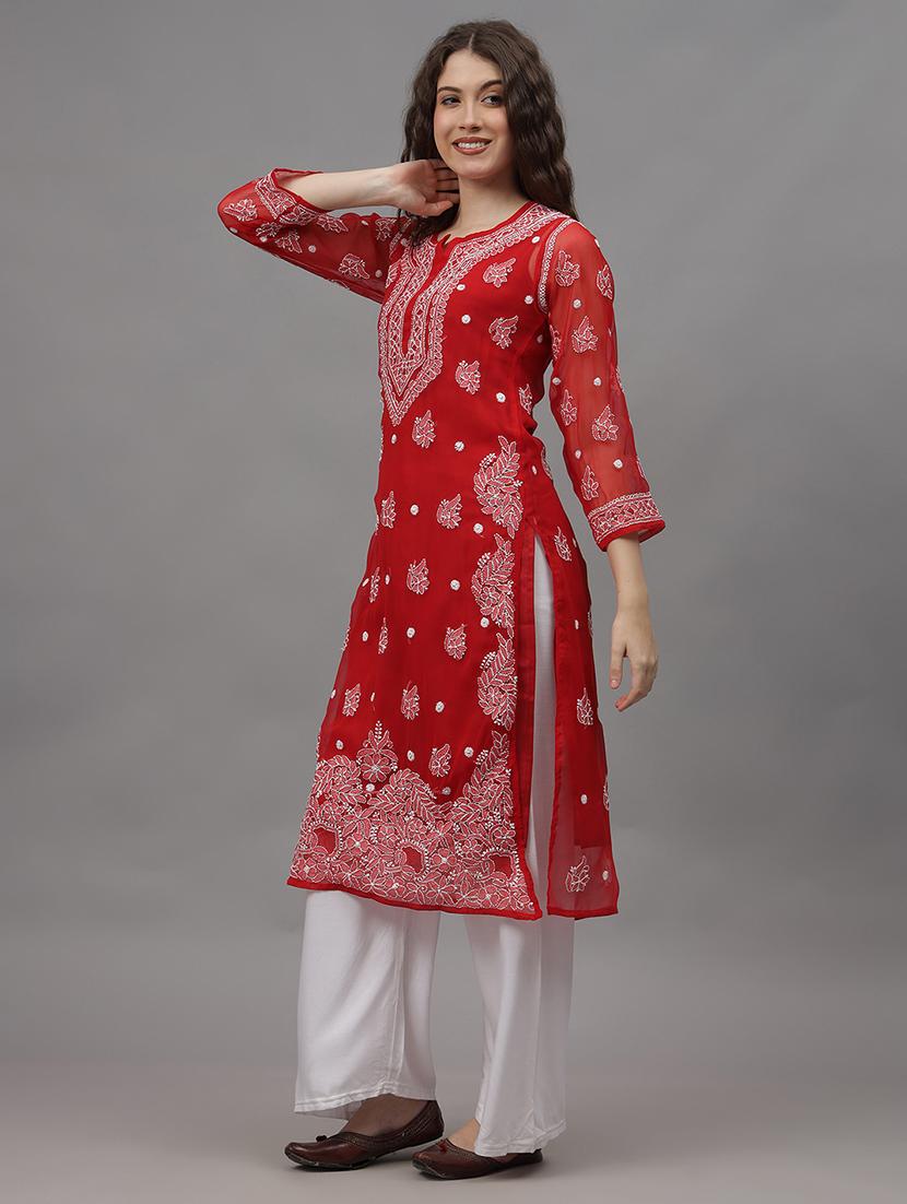women three quarter sleeves chikankari kurta - 21532299 - Standard Image - 1