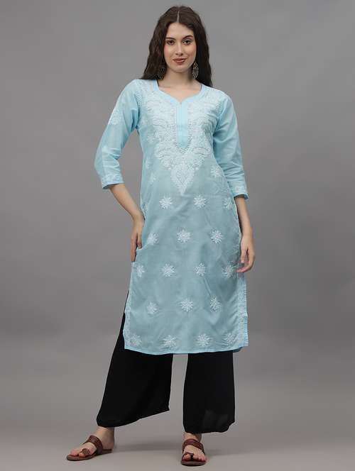 women three quarter sleeves chikankari kurta - 21532318 -  Standard Image - 0