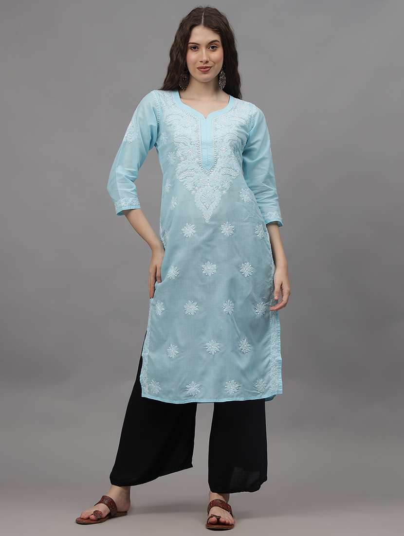 women three quarter sleeves chikankari kurta