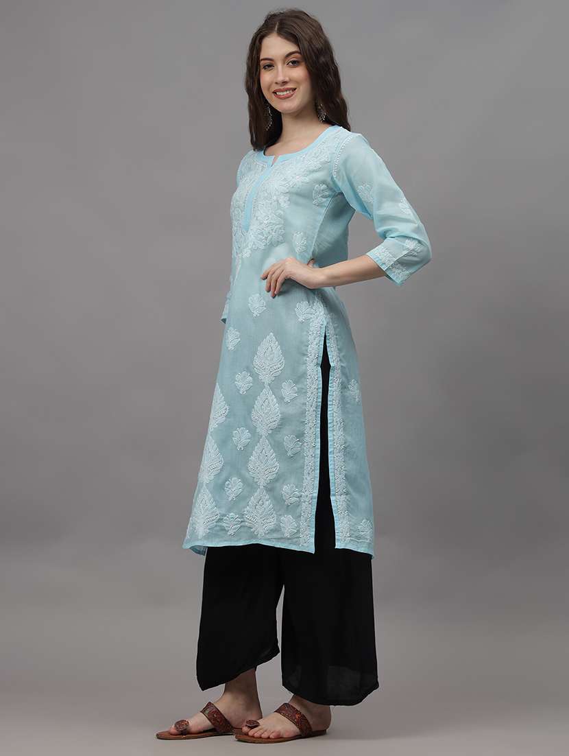 women three quarter sleeves chikankari kurta - 21532329 -  Standard Image - 1
