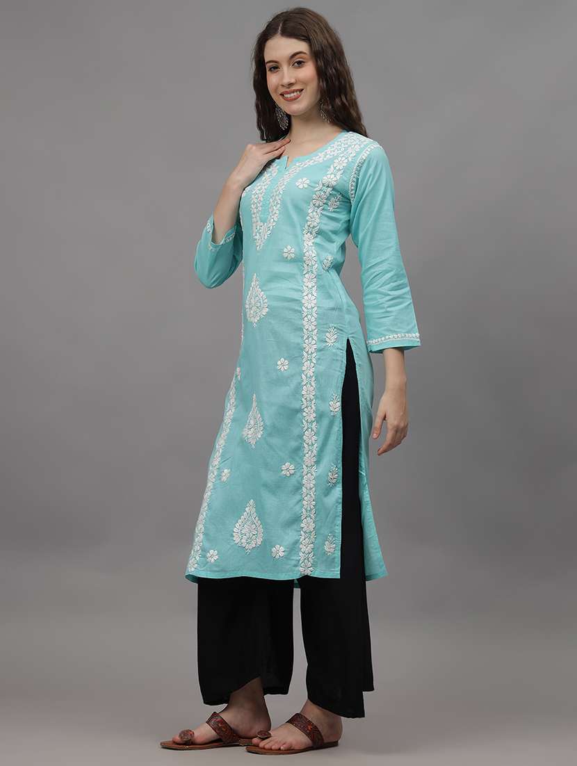 women three quarter sleeves chikankari kurta - 21532337 - Standard Image - 1