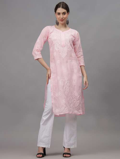 women three quarter sleeves chikankari kurta - 21532360 - Standard Image - 0