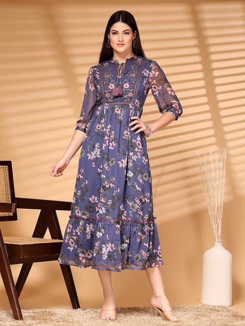 women floral printed tie up neck tiered dress - 21532387 - Standard Image - 0
