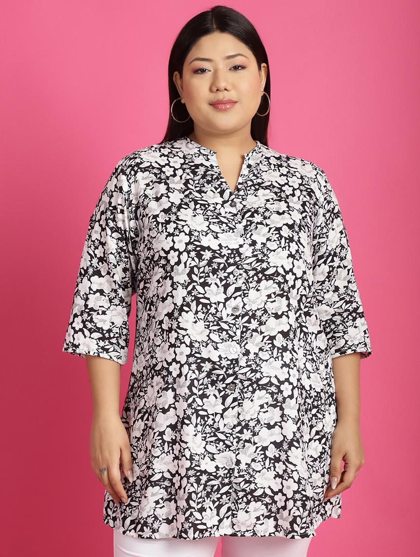 women plus size printed mandarin neck shirt - 21532401 - Zoom Image - 0