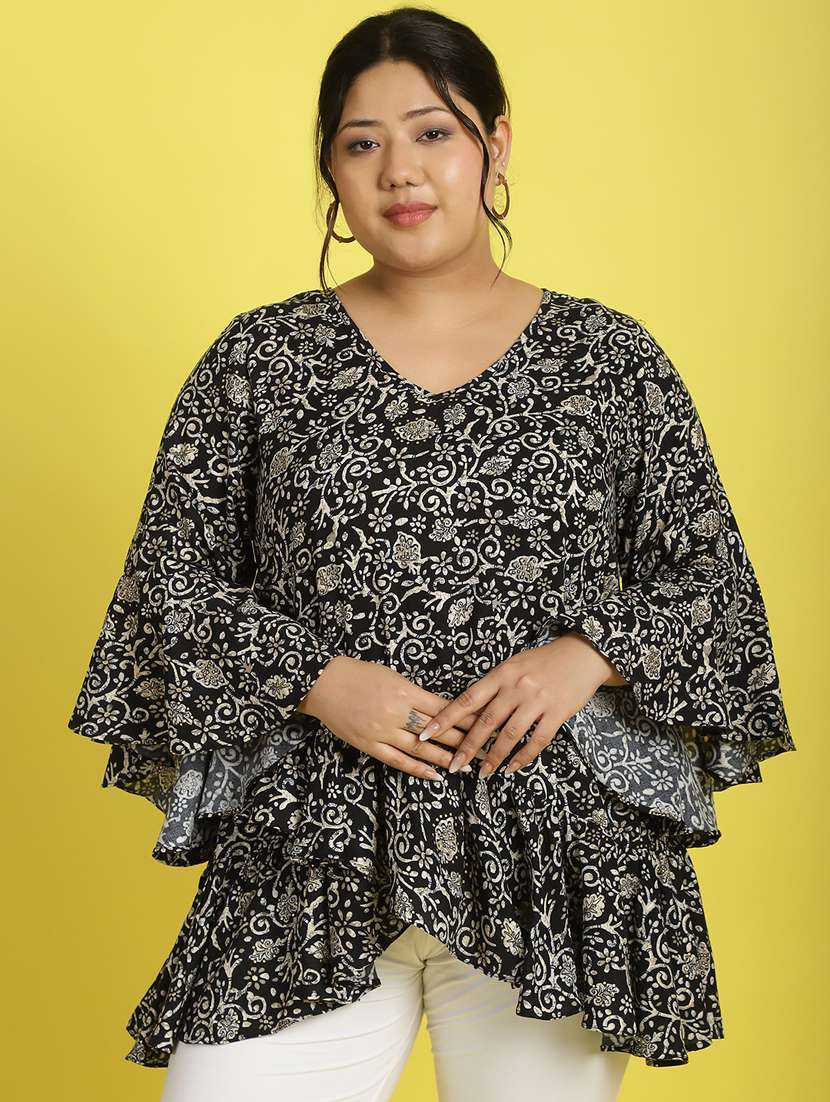 women v neck printed high-low top