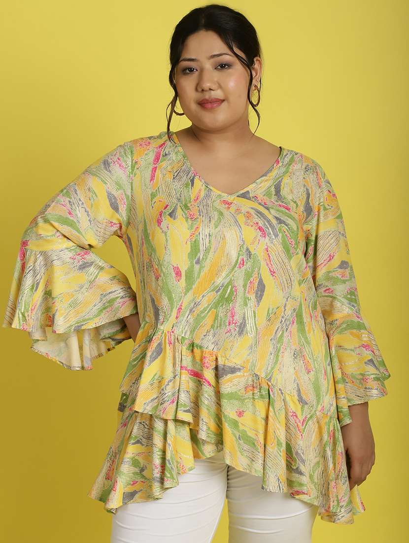 women v neck printed high-low top