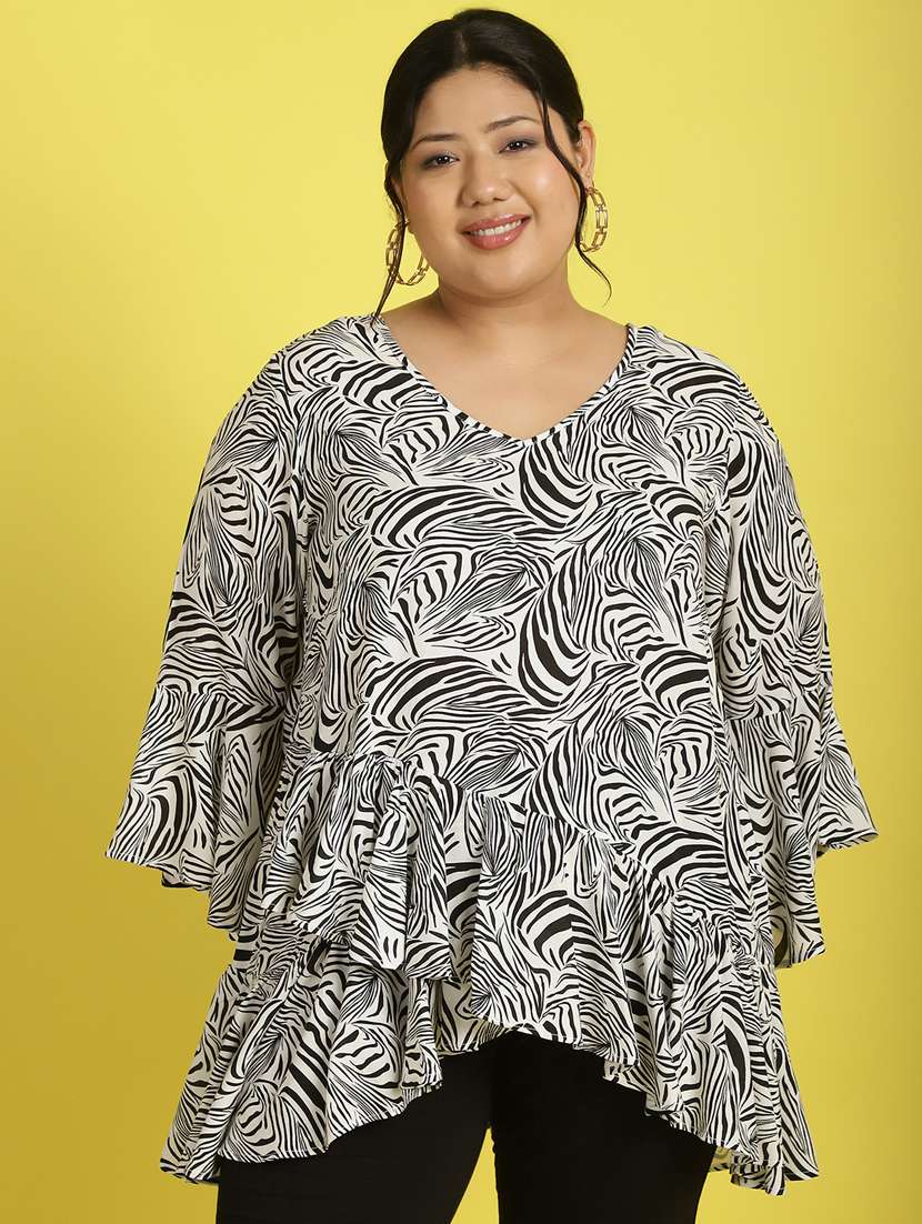 women v neck printed high-low top