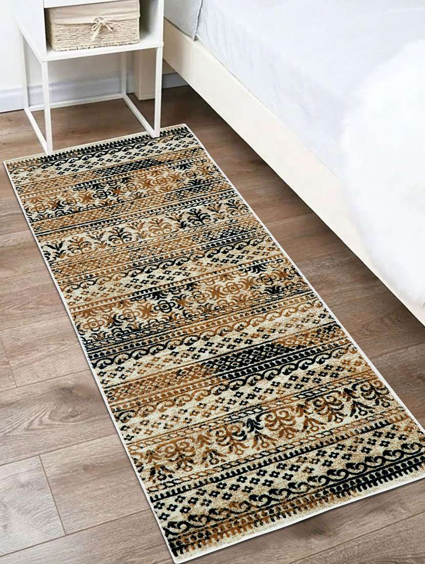 modefe 2x6 feet runner rug carpet beige & black floral printed primium persian carpets for bedroom