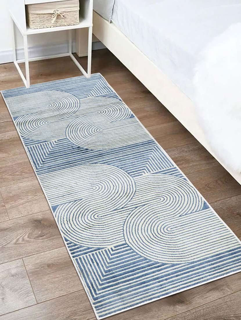 modefe 2x6 feet runner rug carpet off white & blue geometric printed primium persian carpets for bed