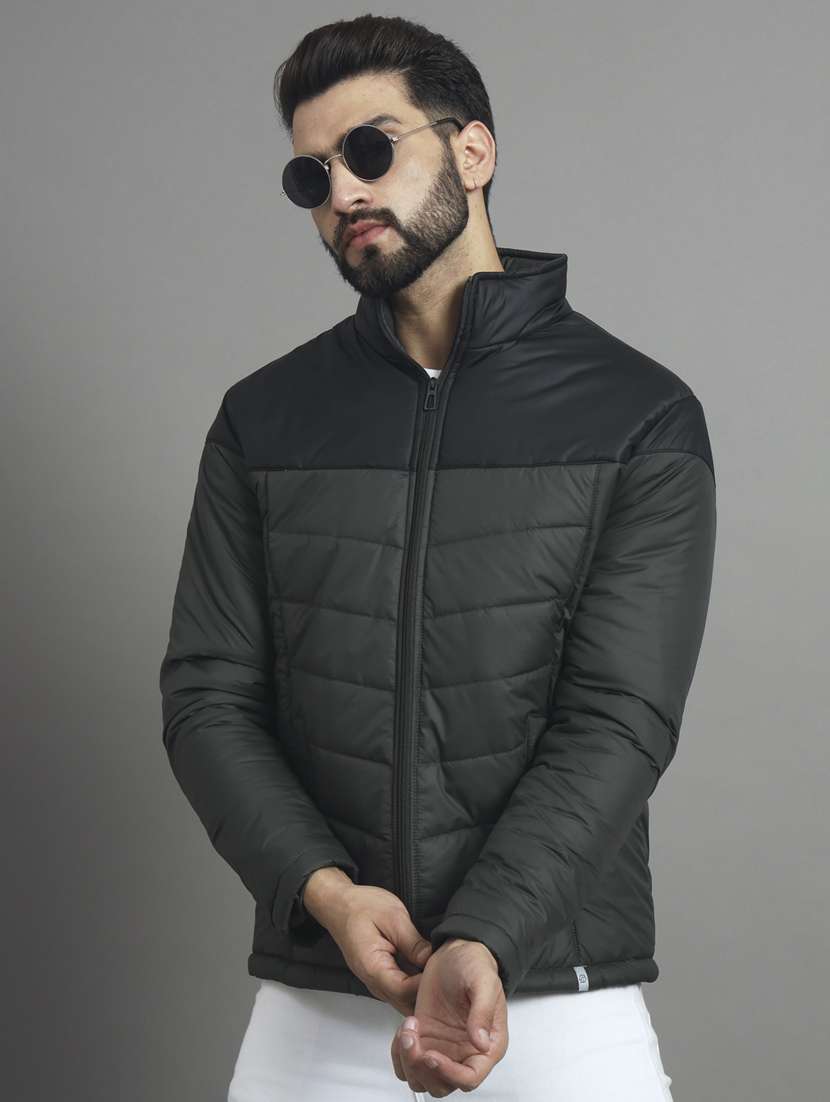 men color block stand collar quilted jacket