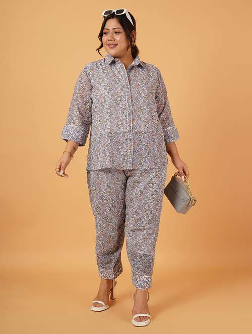 women grey floral printed shirt and trouser co-ord set