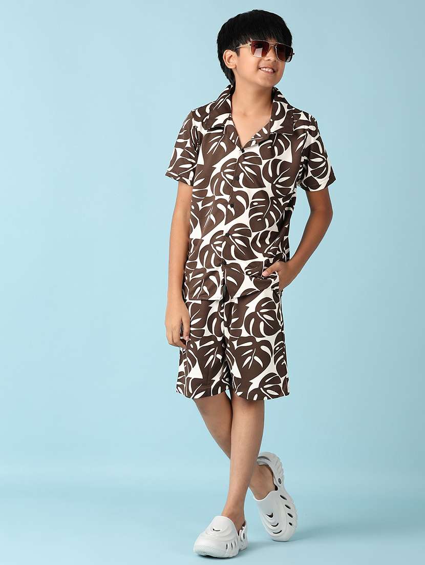 boys brown printed shorts set - 21533461 -  Standard Image - 1