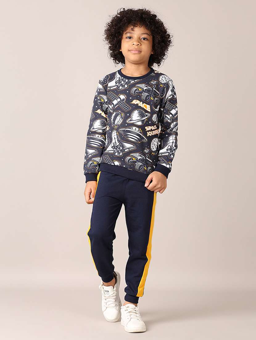 boys navy blue printed full length sets