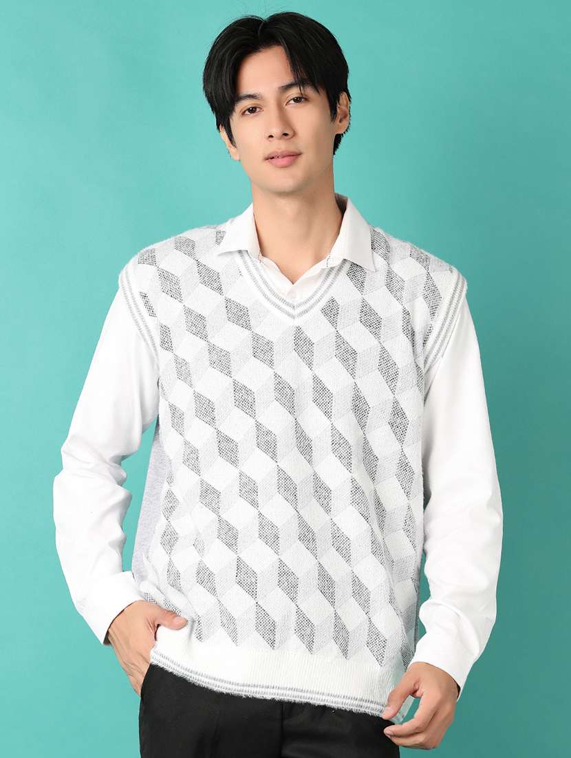 men v-neck self design pullover