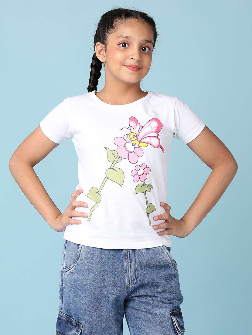 girls front print round neck tees