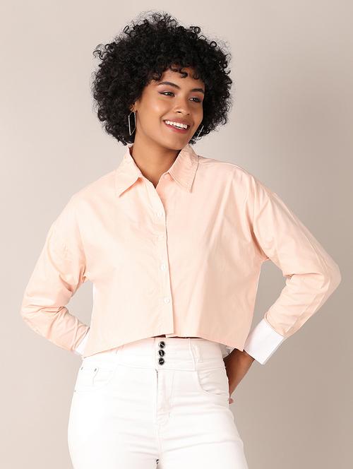 women solid collared long sleeves crop shirt - 21533798 - Standard Image - 0