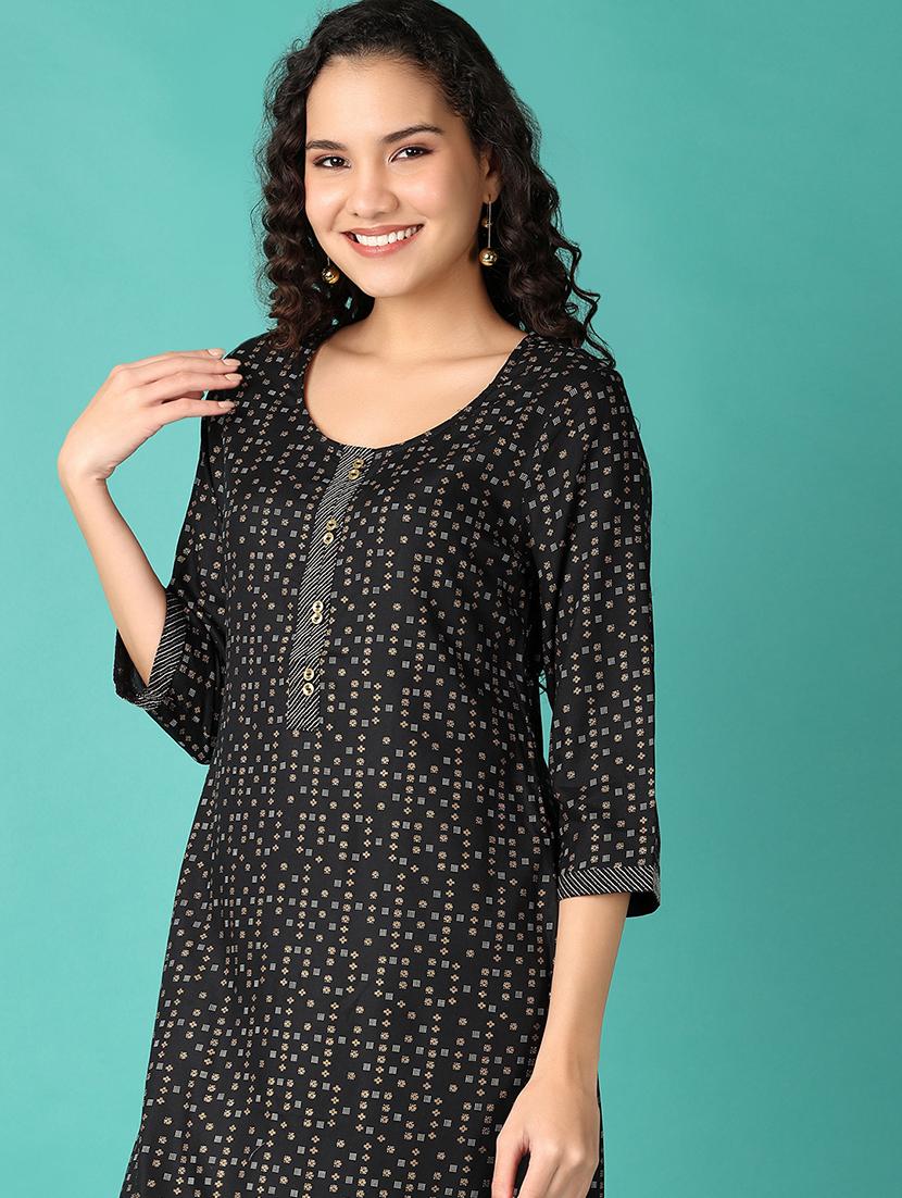 women black printed round neck straight kurta - 21533857 - Standard Image - 4