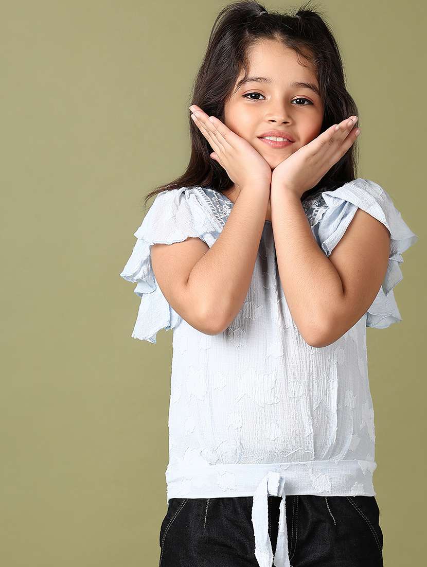 girls light blue solid with work peter pan neck top - 21533860 -  Standard Image - 1