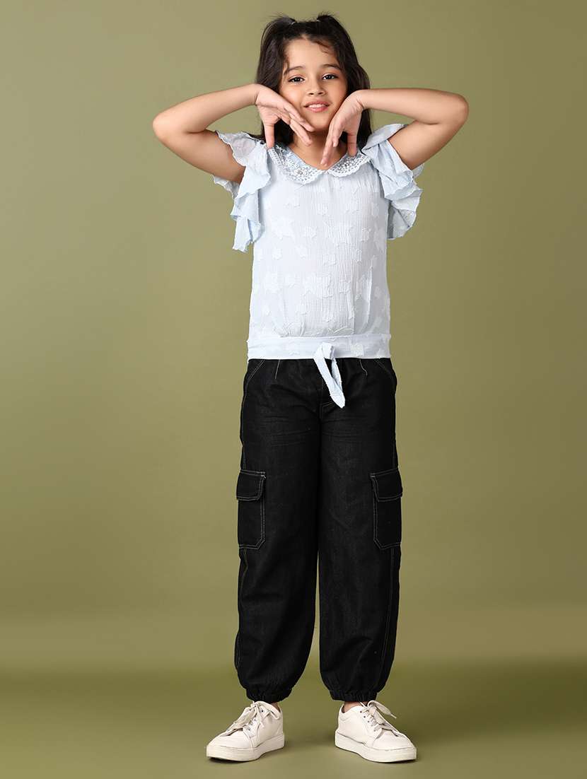 girls light blue solid with work peter pan neck top - 21533860 -  Standard Image - 4