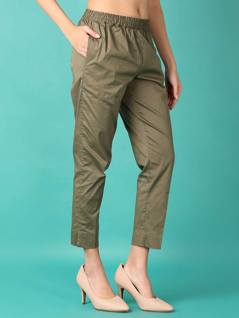 women olive cotton cigarette pant - 21533894 -  Standard Image - 1