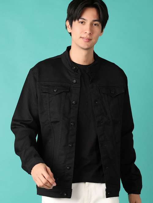 men black solid long sleeve denim jacket - 21533954 -  Standard Image - 0