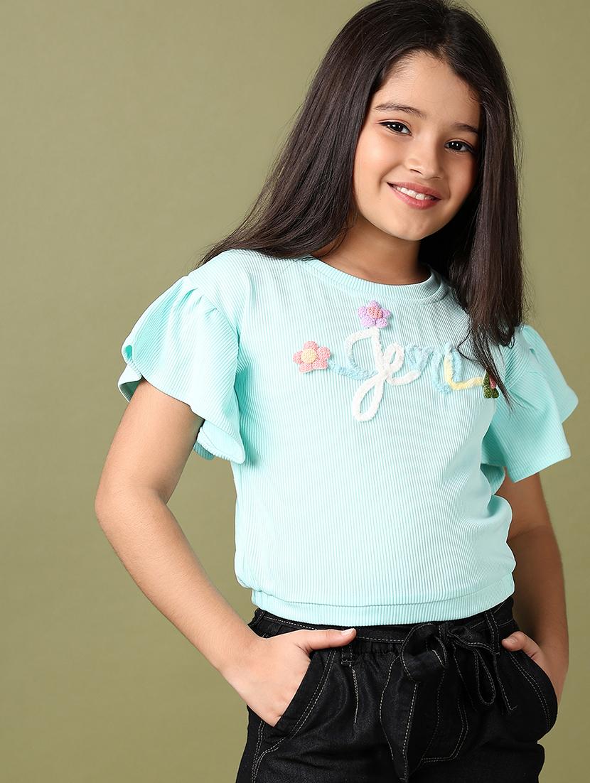 girls solid with work round neck top - 21533966 - Standard Image - 1