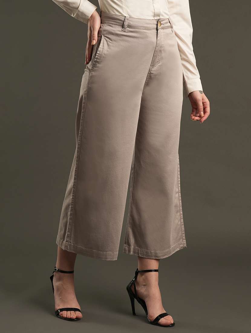 globus women clay satin stretchable mid-rise relaxed fit flat front cropped wide leg formal trousers - 21534464 -  Standard Image - 1