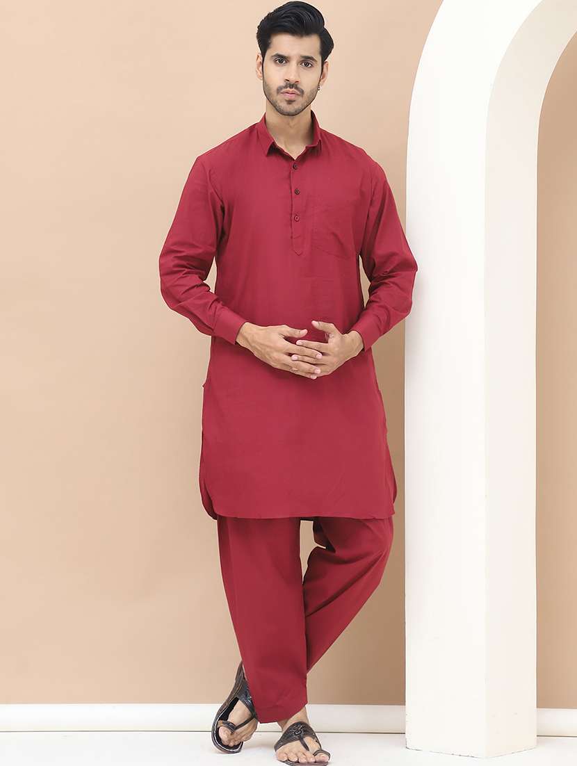 men solids pathani ethnic wear set
