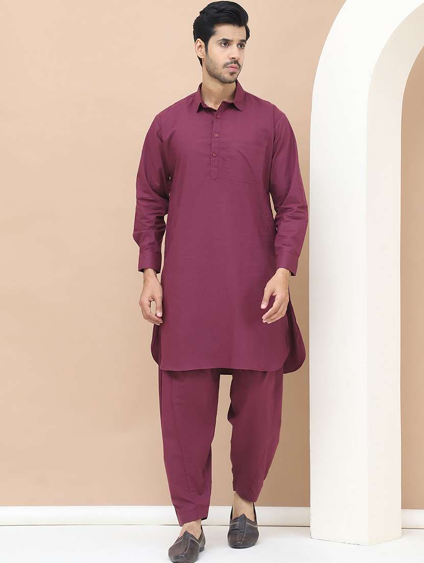 men solids pathani ethnic wear set
