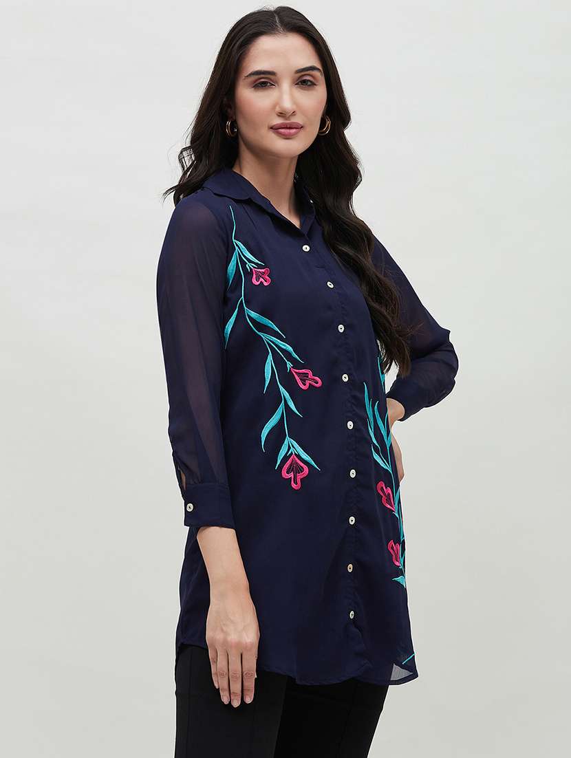 women embroidered collared high low shirt - 21535443 -  Standard Image - 1