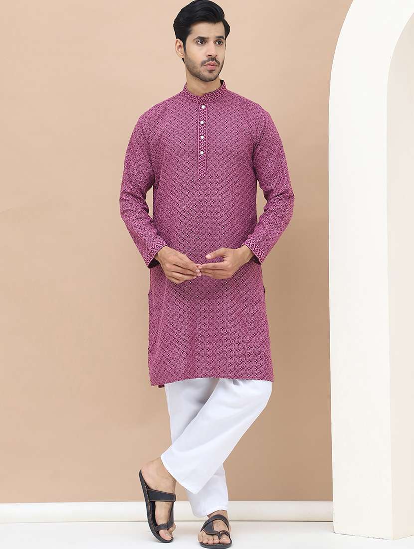 men mandarin neck embroidered long kurta