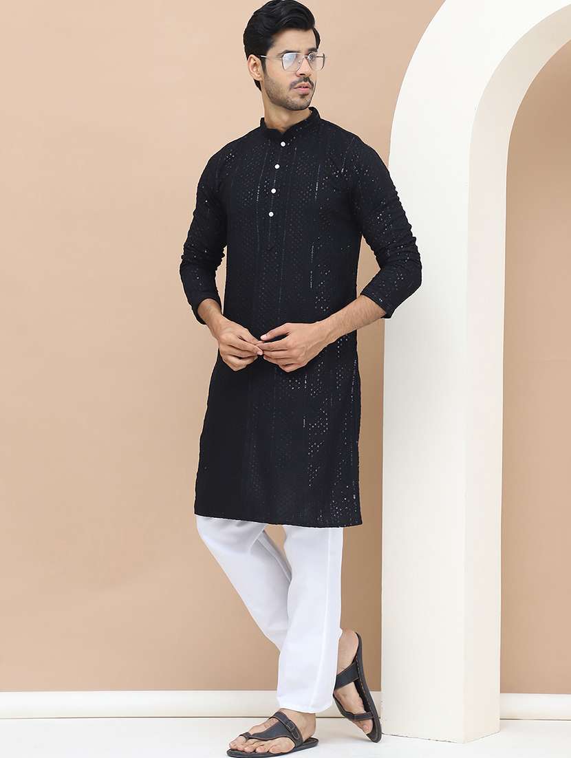 men mandarin neck sequins work long kurta - 21536263 -  Standard Image - 1