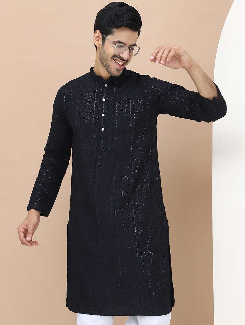 men mandarin neck sequins work long kurta - 21536263 -  Standard Image - 4