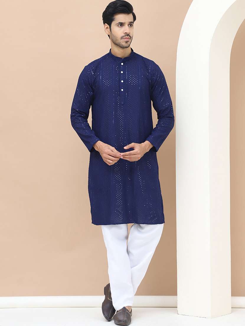 men mandarin neck sequins work long kurta