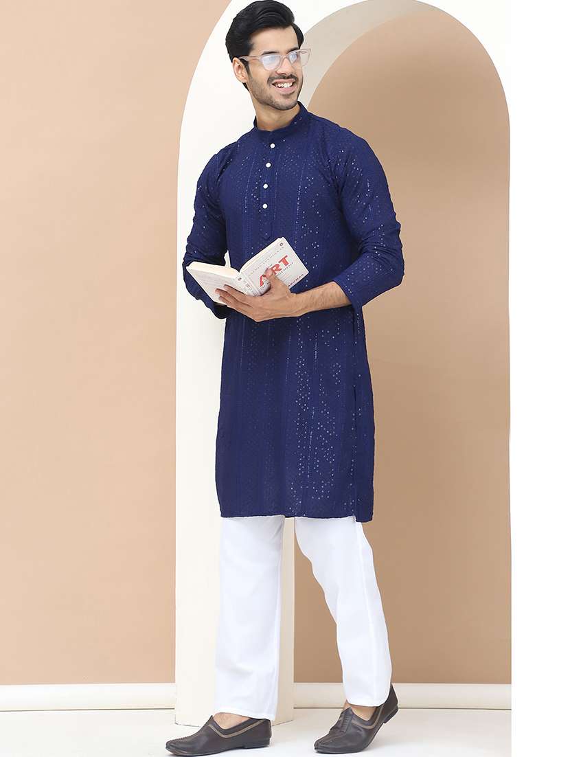 men mandarin neck sequins work long kurta - 21536264 -  Standard Image - 1