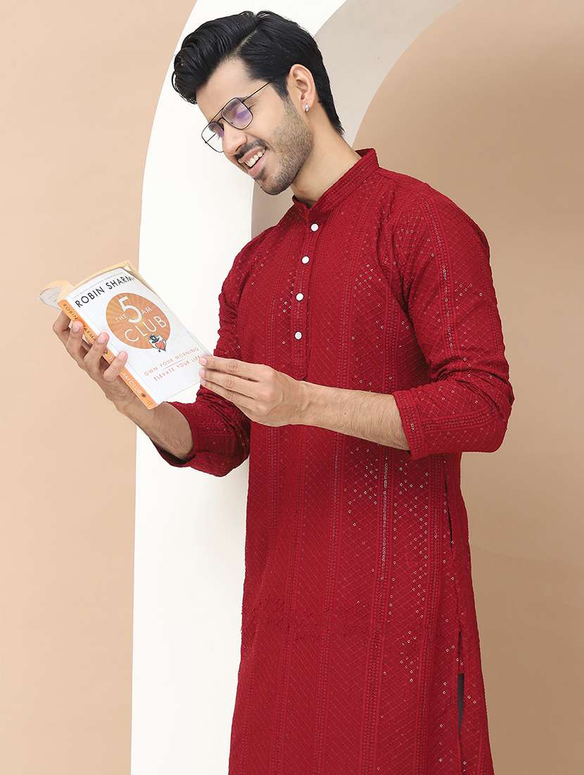 men mandarin neck sequins work long kurta - 21536265 -  Standard Image - 4