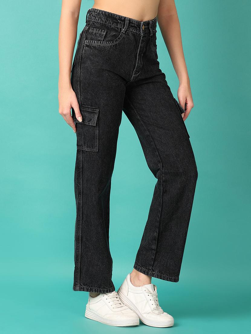women solid mid rise denim cargo - 21536334 - Standard Image - 1