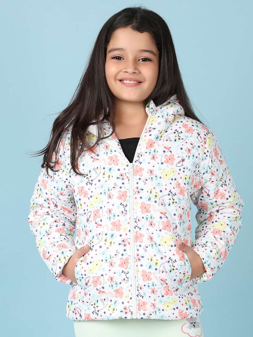 girls white floral printed hooded neck jacket
