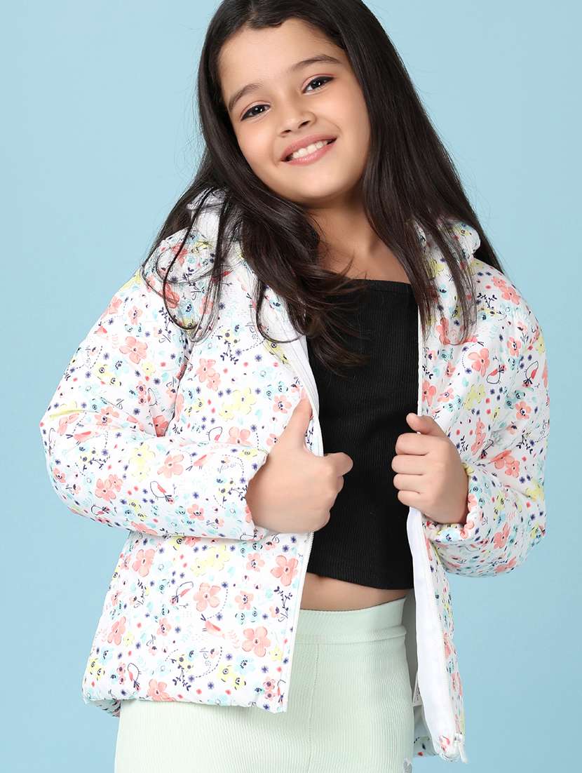 girls white floral printed hooded neck jacket - 21536572 -  Standard Image - 1