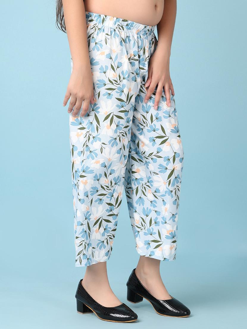 girls light blue floral printed palazzo - 21536584 - Standard Image - 1