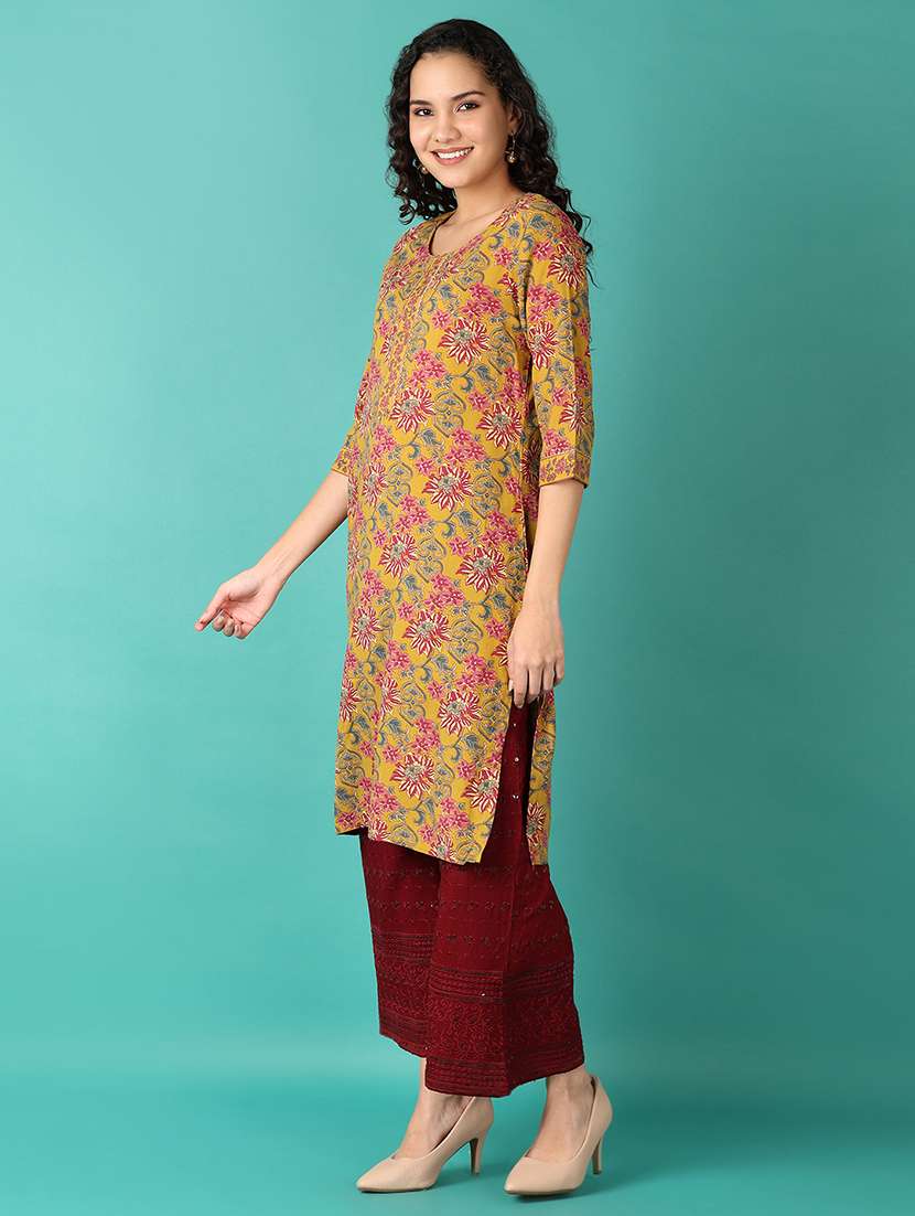 women three quarter sleeve straight kurta - 21536586 -  Standard Image - 1